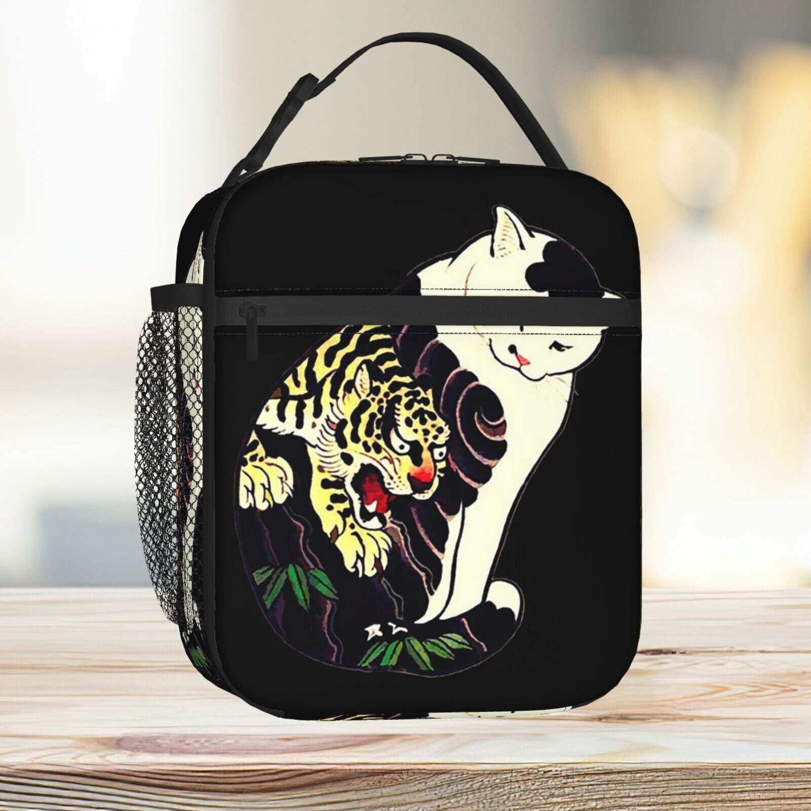 Lunch Bag Antique Japanese Woodblock Cat With Tiger Tattoo Tote Insulated Cooler Kids School Travel
